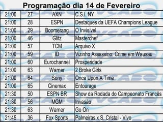 Programação dia 14 de Fevereiro
21:00    27       AXN       C.S.I. NY
21:00    28      ESPN       Destaques da UEFA Champions League
21:00    29   Boomerang     O Invisível
21:00    46       Glitz     Masterchef
21:00    57       TCM       Arquivo X
21:00    59        ID       Vizinho Assassino: Crime em Wausau
21:00    60   Eurochannel   Prosperidade
21:00    63     Warner      2 Broke Girls
21:00    64      Sony       Once Upon A Time
21:00    65     Cinemax     Entourage
21:30    50    ESPN BR      Show da Rodada do Campeonato Francês
21:30    56      MGM        Invasão
21:30    63     Warner      Go On
21:45    36    Fox Sports   Palmeiras x S. Cristal - Vivo
 