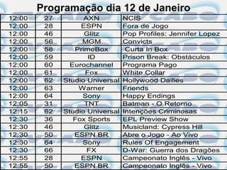 Programação dia 12 de Janeiro
12:00    27         AXN          NCIS
12:00    28        ESPN          Fora de Jogo
12:00    46         Glitz        Pop Profiles: Jennifer Lopez
12:00    56        MGM           Convicts
12:00    58      PrimeBox         Curta In Box
12:00    59          ID          Prison Break: Obstáculos
12:00    60     Eurochannel      Programa Pago
12:00    61         Fox          White Collar
12:00    62   Studio Universal   Hollywood Dailies
12:00    63       Warner         Friends
12:00    64        Sony          Happy Endings
12:05    31         TNT          Batman - O Retorno
12:15    62   Studio Universal   Intenções Criminosas
12:30    36      Fox Sports      EPL Preview Show
12:30    46         Glitz        Musicland: Cypress Hill
12:30    50      ESPN BR         Abre o Jogo - Ao Vivo
12:30    64        Sony          Rules Of Engagement
12:30    66          FX          D-War: Guerra dos Dragões
12:55    28        ESPN          Campeonato Inglês - Vivo
12:55    50      ESPN BR         Campeonato Inglês - Vivo
 