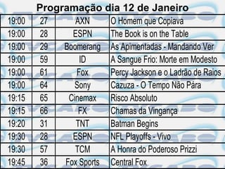 Programação dia 12 de Janeiro
19:00    27     AXN     O Homem que Copiava
19:00    28    ESPN     The Book is on the Table
19:00    29  Boomerang As Apimentadas - Mandando Ver
19:00    59      ID     A Sangue Frio: Morte em Modesto
19:00    61     Fox     Percy Jackson e o Ladrão de Raios
19:00    64     Sony    Cazuza - O Tempo Não Pára
19:15    65   Cinemax Risco Absoluto
19:15    66      FX     Chamas da Vingança
19:20    31     TNT     Batman Begins
19:30    28    ESPN     NFL Playoffs - Vivo
19:30    57     TCM     A Honra do Poderoso Prizzi
19:45    36  Fox Sports Central Fox
 