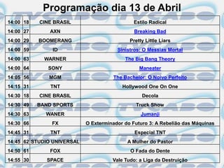 Programação dia 13 de Abril
14:00 18   CINE BRASIL                         Estilo Radical
14:00 27      AXN                              Breaking Bad
14:00 29   BOOMERANG                         Pretty Little Liars
14:00 59       ID                       Sinistros: O Messias Mortal
14:00 63     WARNER                        The Big Bang Theory
14:00 64      SONY                               Maneater
14:05 56      MGM                     The Bachelor: O Noivo Perfeito
14:15 31       TNT                        Hollywood One On One
14:30 18   CINE BRASIL                            Decola
14:30 49   BAND SPORTS                         Truck Show
14:30 63     WANER                                Jumanji
14:30 66       FX           O Exterminador do Futuro 3: A Rebelião das Máquinas
14:45 31       TNT                             Especial TNT
14:45 62 STUDIO UNIVERSAL                   A Mulher do Pastor
14:50 61      FOX                            O Fada do Dente
14:55 30     SPACE                    Vale Tudo: a Liga da Destruição
 