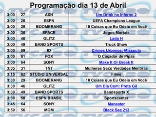 Programação dia 13 de Abril
3:00   27         AXN               Um Drink no Inferno 2
3:00   28        ESPN             UEFA Champions League
3:00   29     BOOMERANG        10 Coisas que Eu Odeio em Você
3:00   30        SPACE                  Jogos Mortais
3:00   46        GLITZ                     Lado H
3:00   49     BAND SPORTS                Truck Show
3:00   59          ID             Crimes Urbanos: Missoula
3:00   61         FOX                O Caçador de Pipas
3:00   64        SONY                 Make It Or Break It
3:05   31         TNT          Mulheres Sexo Verdades Mentiras
3:15   62   STUDIO UNIVERSAL                Filme
3:30   29     BOOMERANG        10 Coisas que Eu Odeio em Você
3:30   46        GLITZ              Um Dia Com: Preta Gil
3:30   49     BAND SPORTS               Bandsports X
3:30   50     ESPN BRASIL               Sportscenter
3:45   64        SONY                     Maneater
3:50   56         MGM                   Black Sea 213
 