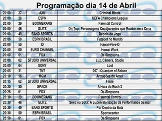 Programação dia 14 de Abril
20:00   27          AXN                              Criminal Minds
20:00   28         ESPN                        UEFA Champions League
20:00   29     BOOMERANG                            Parental Control
20:00   46         GLITZ        On Top: Personagens Coadjuvantes que Roubaram a Cena
20:00   49     BAND SPORTS                          Depois do Jogo
20:00   50     ESPN BRASIL                         Futebol no Mundo
20:00   59           ID                               Hawaii-Five-O
20:00   60    EURO CHANNEL                            Home/ Work
20:00   61          FOX                               Os Simpsons
20:00   62   STUDIO UNIVERSAL                     Luz, Câmera, Studio
20:00   64         SONY                                   Lost
20:05   31          TNT                         007 - Quantum of Solace
20:10   56         MGM                            Armações do Amor
20:15   62   STUDIO UNIVERSAL                            Filme
20:20   30        SPACE                            A Hora do Rush 2
20:25   61          FOX                               Os Simpsons
20:30   29     BOOMERANG                            Parental Control
20:30   46         GLITZ        Sexo no Sofá: A Supervalorização da Performance Sexual
20:30   49     BAND SPORTS                        Por Dentro da Bola
20:30   50     ESPN BRASIL                            Sportscenter
20:50   61          FOX                               Os Simpsons
 