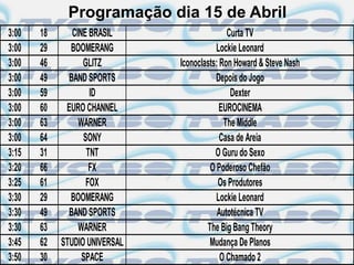 Programação dia 15 de Abril
3:00   18      CINE BRASIL                    Curta TV
3:00   29     BOOMERANG                   Lockie Leonard
3:00   46         GLITZ        Iconoclasts: Ron Howard & Steve Nash
3:00   49     BAND SPORTS                 Depois do Jogo
3:00   59           ID                         Dexter
3:00   60    EURO CHANNEL                   EUROCINEMA
3:00   63        WARNER                      The Middle
3:00   64         SONY                      Casa de Areia
3:15   31          TNT                    O Guru do Sexo
3:20   66           FX                  O Poderoso Chefão
3:25   61          FOX                     Os Produtores
3:30   29     BOOMERANG                   Lockie Leonard
3:30   49     BAND SPORTS                  Autotécnica TV
3:30   63        WARNER                The Big Bang Theory
3:45   62   STUDIO UNIVERSAL            Mudança De Planos
3:50   30         SPACE                     O Chamado 2
 