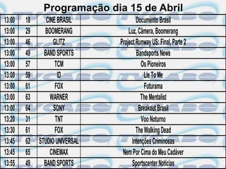 Programação dia 15 de Abril
13:00   18      CINE BRASIL             Documento Brasil
13:00   29     BOOMERANG            Luz, Câmera, Boomerang
13:00   46         GLITZ        Project Runway US: Final, Parte 2
13:00   49     BAND SPORTS              Bandsports News
13:00   57          TCM                    Os Pioneiros
13:00   59           ID                     Lie To Me
13:00   61          FOX                     Futurama
13:00   63        WARNER                  The Mentalist
13:00   64         SONY                  Breakout Brasil
13:20   31          TNT                    Voo Noturno
13:30   61          FOX                 The Walking Dead
13:45   62   STUDIO UNIVERSAL         Intenções Criminosas
13:45   65        CINEMAX        Nem Por Cima do Meu Cadáver
13:55   49     BAND SPORTS            Sportscenter Notícias
 
