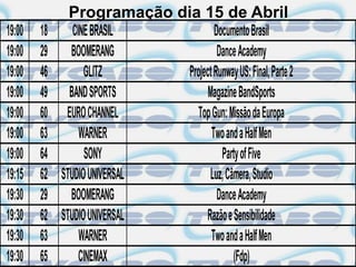 Programação dia 15 de Abril
19:00   18      CINE BRASIL           Documento Brasil
19:00   29     BOOMERANG               Dance Academy
19:00   46         GLITZ      Project Runway US: Final, Parte 2
19:00   49     BAND SPORTS          Magazine BandSports
19:00   60    EURO CHANNEL       Top Gun: Missão da Europa
19:00   63        WARNER             Two and a Half Men
19:00   64         SONY                 Party of Five
19:15   62   STUDIO UNIVERSAL        Luz, Câmera, Studio
19:30   29     BOOMERANG               Dance Academy
19:30   62   STUDIO UNIVERSAL      Razão e Sensibilidade
19:30   63        WARNER             Two and a Half Men
19:30   65        CINEMAX                   (Fdp)
 