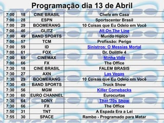Programação dia 13 de Abril
7:00   18     CINE BRASIL             Chefe em Casa
7:00   28         ESPN             Sportscenter Brasil
7:00   29    BOOMERANG      10 Coisas que Eu Odeio em Você
7:00   46        GLITZ               All On The Line
7:00   49    BAND SPORTS               Mundo Hípico
7:00   57         TCM               Profissão: Perigo
7:00   59           ID         Sinistros: O Messias Mortal
7:00   61          FOX                 Dr. Dolittle 4
7:00   65       CINEMAX                 Minha Vida
7:00   66           FX                   The Office
7:30   18     CINE BRASIL            FALEM BRASIS
7:30   27          AXN                   Las Vegas
7:30   29    BOOMERANG      10 Coisas que Eu Odeio em Você
7:30   49    BAND SPORTS                Truck Show
7:30   56         MGM               Killer Comebacks
7:30   60   EURO CHANNEL                Eurocurtas
7:30   64         SONY                That '70s Show
7:30   66           FX                   The Office
7:50   31          TNT             A Espada Era a Lei
7:55   30        SPACE      Rambo - Programado para Matar
 