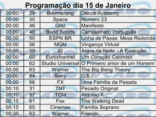 Programação dia 15 de Janeiro
00:00    29     Boomerang        Dance Academy
00:00    30        Space         Número 23
00:00    46         Glitz        Manifesto
00:00    49     Band Sports      Campeonato Português
00:00    50      ESPN BR         Linha de Passe: Mesa Redonda
00:00    56        MGM           Vingança Virtual
00:00    59          ID          Anjos da Noite - A Evolução
00:00    60     Eurochannel      Um Coração Caloroso
00:00    62   Studio Universal   O Primeiro amor de um Homem
00:00    63       Warner         The Big Bang Theory
00:00    64        Sony          C.S.I
00:00    66          FX          Uma Família da Pesada
00:10    31         TNT          Pecado Original
00:10    57         TCM          Arquivo X
00:15    61         Fox          The Walking Dead
00:15    65      Cinemax         Família Soprano
00:30    63       Warner         Friends
 