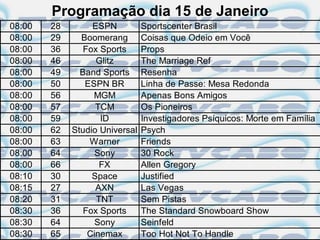 Programação dia 15 de Janeiro
08:00   28        ESPN          Sportscenter Brasil
08:00   29     Boomerang        Coisas que Odeio em Você
08:00   36      Fox Sports      Props
08:00   46         Glitz        The Marriage Ref
08:00   49     Band Sports      Resenha
08:00   50      ESPN BR         Linha de Passe: Mesa Redonda
08:00   56        MGM           Apenas Bons Amigos
08:00   57         TCM          Os Pioneiros
08:00   59          ID          Investigadores Psíquicos: Morte em Família
08:00   62   Studio Universal   Psych
08:00   63       Warner         Friends
08:00   64         Sony         30 Rock
08:00   66          FX          Allen Gregory
08:10   30        Space         Justified
08:15   27         AXN          Las Vegas
08:20   31         TNT          Sem Pistas
08:30   36      Fox Sports      The Standard Snowboard Show
08:30   64         Sony         Seinfeld
08:30   65       Cinemax        Too Hot Not To Handle
 