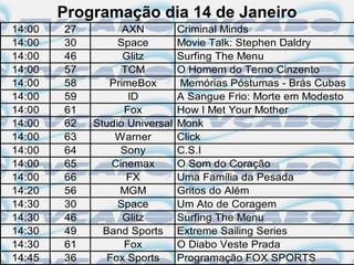 Programação dia 14 de Janeiro
14:00   27         AXN          Criminal Minds
14:00   30        Space         Movie Talk: Stephen Daldry
14:00   46         Glitz        Surfing The Menu
14:00   57         TCM          O Homem do Terno Cinzento
14:00   58      PrimeBox        Memórias Póstumas - Brás Cubas
14:00   59          ID          A Sangue Frio: Morte em Modesto
14:00   61         Fox          How I Met Your Mother
14:00   62   Studio Universal   Monk
14:00   63       Warner         Click
14:00   64         Sony         C.S.I
14:00   65       Cinemax        O Som do Coração
14:00   66          FX          Uma Família da Pesada
14:20   56        MGM           Gritos do Além
14:30   30        Space         Um Ato de Coragem
14:30   46         Glitz        Surfing The Menu
14:30   49     Band Sports      Extreme Sailing Series
14:30   61         Fox          O Diabo Veste Prada
14:45   36      Fox Sports      Programação FOX SPORTS
 
