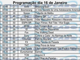 Programação dia 16 de Janeiro
00:00   27       AXN       Breaking Bad
00:00   29   Boomerang     A Vida Secreta de Uma Adolescente American
00:00   30      Space      Tubarão de Malibu
00:00   46       Glitz     Gossip Girl
00:00   49   Band Sports   Vôlei Masculino: Rzeszow x Macerata
00:00   50    ESPN BR      Espn Filmes: Roll Tide / War Eagle
00:00   56      MGM        Um Homem Bom
00:00   59        ID       As Panteras Detonando
00:00   61       Fox       The Walking Dead
00:00   64       Sony      Connie e Carla - As Rainhas da Noite
00:00   65     Cinemax     Família Soprano
00:00   66        FX       Uma Família da Pesada
00:10   31       TNT       Uma Prova de Amor
00:25   36    Fox Sports   Libertadores Classics: São Paulo x Palmeiras
00:30   60   Eurochannel   Eamon
00:50   57       TCM       Arquivo X
00:50   61       Fox       Um Olhar do Paraíso
 