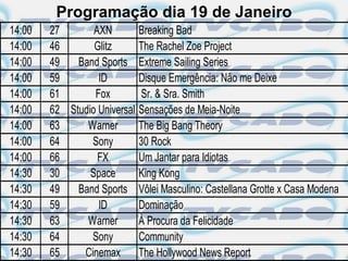 Programação dia 19 de Janeiro
14:00   27       AXN        Breaking Bad
14:00   46       Glitz      The Rachel Zoe Project
14:00   49   Band Sports Extreme Sailing Series
14:00   59        ID        Disque Emergência: Não me Deixe
14:00   61       Fox        Sr. & Sra. Smith
14:00   62 Studio Universal Sensações de Meia-Noite
14:00   63     Warner       The Big Bang Theory
14:00   64      Sony        30 Rock
14:00   66        FX        Um Jantar para Idiotas
14:30   30      Space       King Kong
14:30   49   Band Sports Vôlei Masculino: Castellana Grotte x Casa Modena
14:30   59        ID        Dominação
14:30   63     Warner       À Procura da Felicidade
14:30   64      Sony        Community
14:30   65    Cinemax The Hollywood News Report
 