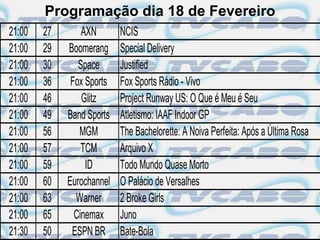 Programação dia 18 de Fevereiro
21:00   27       AXN       NCIS
21:00   29   Boomerang     Special Delivery
21:00   30      Space      Justified
21:00   36    Fox Sports   Fox Sports Rádio - Vivo
21:00   46       Glitz     Project Runway US: O Que é Meu é Seu
21:00   49   Band Sports   Atletismo: IAAF Indoor GP
21:00   56      MGM        The Bachelorette: A Noiva Perfeita: Após a Última Rosa
21:00   57       TCM       Arquivo X
21:00   59        ID       Todo Mundo Quase Morto
21:00   60   Eurochannel   O Palácio de Versalhes
21:00   63     Warner      2 Broke Girls
21:00   65     Cinemax     Juno
21:30   50    ESPN BR      Bate-Bola
 