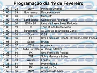 Programação dia 19 de Fevereiro
01:00   28        ESPN          Patinação Artistica
01:00   29     Boomerang        Dance Academy
01:00   46         Glitz        Manifesto
01:00   49     Band Sports      Campeonato Português
01:00   50      ESPN BR         Linha de Passe: Mesa Redonda
01:00   59          ID          Todo Mundo Quase Morto
01:00   60     Eurochannel      As Garotas do Shopping Center
01:00   64        Sony          C.S.I
01:00   66          FX          Uma Família da Pesada: Rivalidade entre Irmãos
01:05   30        Space         Bruxas
01:05   57         TCM          Arquivo X
01:15   62   Studio Universal   A Última Fortaleza
01:23   66          FX          Uma Família da Pesada
01:25   31         TNT          Sobre Meninos e Lobos
01:30   63       Warner         Friends
01:35   61         Fox          Premonição 3
01:47   66          FX          American Dad
01:50   56        MGM           Armações do Amor
 
