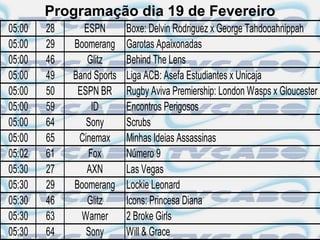 Programação dia 19 de Fevereiro
05:00   28     ESPN        Boxe: Delvin Rodriguez x George Tahdooahnippah
05:00   29   Boomerang     Garotas Apaixonadas
05:00   46      Glitz      Behind The Lens
05:00   49   Band Sports   Liga ACB: Asefa Estudiantes x Unicaja
05:00   50    ESPN BR      Rugby Aviva Premiership: London Wasps x Gloucester
05:00   59       ID        Encontros Perigosos
05:00   64      Sony       Scrubs
05:00   65    Cinemax      Minhas Ideias Assassinas
05:02   61      Fox        Número 9
05:30   27      AXN        Las Vegas
05:30   29   Boomerang     Lockie Leonard
05:30   46      Glitz      Icons: Princesa Diana
05:30   63     Warner      2 Broke Girls
05:30   64      Sony       Will & Grace
 