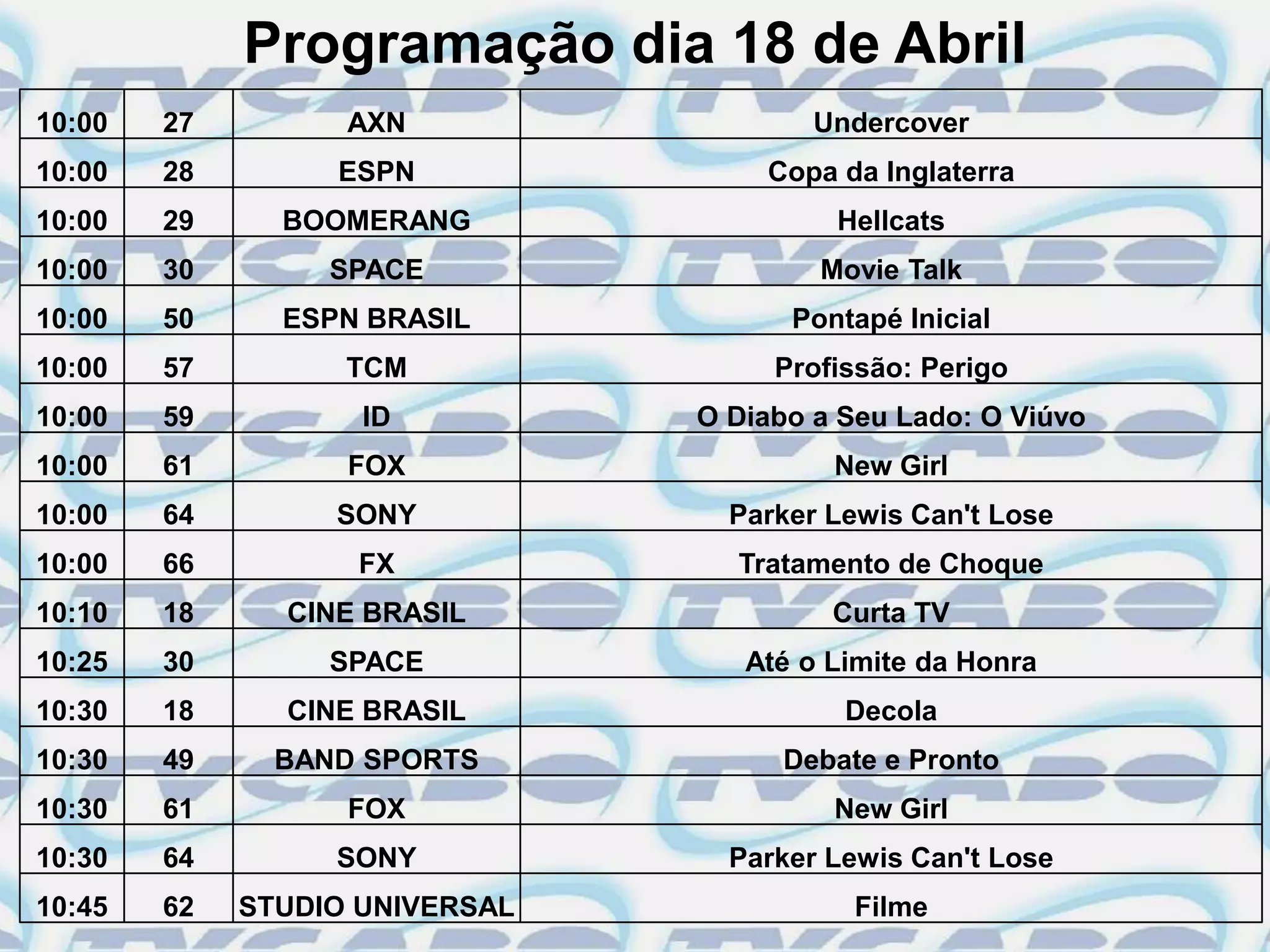 Programação dia 18 de Abril
10:00   27         AXN                  Undercover
10:00   28        ESPN              Copa da Inglaterra
10:00   29     BOOMERANG                 Hellcats
10:00   30        SPACE                 Movie Talk
10:00   50     ESPN BRASIL            Pontapé Inicial
10:00   57         TCM               Profissão: Perigo
10:00   59          ID          O Diabo a Seu Lado: O Viúvo
10:00   61         FOX                   New Girl
10:00   64        SONY            Parker Lewis Can't Lose
10:00   66         FX             Tratamento de Choque
10:10   18     CINE BRASIL               Curta TV
10:25   30        SPACE            Até o Limite da Honra
10:30   18     CINE BRASIL                Decola
10:30   49     BAND SPORTS            Debate e Pronto
10:30   61         FOX                   New Girl
10:30   64        SONY            Parker Lewis Can't Lose
10:45   62   STUDIO UNIVERSAL             Filme
 