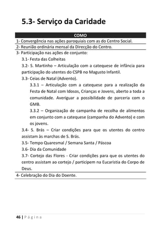 46 | P á g i n a
5.3- Serviço da Caridade
COMO
1- Convergência nas ações paroquiais com as do Centro Social.
2- Reunião ordinária mensal da Direcção do Centro.
3- Participação nas ações de conjunto:
3.1- Festa das Colheitas
3.2- S. Martinho – Articulação com a catequese de infância para
participação do utentes do CSPB no Magusto Infantil.
3.3- Ceias de Natal (Advento).
3.3.1 – Articulação com a catequese para a realização da
Festa de Natal com Idosos, Crianças e Jovens, aberto a toda a
comunidade. Averiguar a possibilidade de parceria com o
GMB.
3.3.2 – Organização de campanha de recolha de alimentos
em conjunto com a catequese (campanha do Advento) e com
os jovens.
3.4- S. Brás – Criar condições para que os utentes do centro
assistam às marchas de S. Brás.
3.5- Tempo Quaresmal / Semana Santa / Páscoa
3.6- Dia da Comunidade
3.7- Cortejo das Flores - Criar condições para que os utentes do
centro assistam ao cortejo / participem na Eucaristia do Corpo de
Deus.
4- Celebração do Dia do Doente.
 