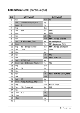 7 | P á g i n a
Calendário Geral (continuação)
DIA NOVEMBRO DEZEMBRO
1 Sex Dom RI
2 Sab FIEIS DEFUNTOS/ SL / RAC Seg
3 Dom RI Ter
4 Seg Qua
5 Ter RPB Qui RMEC
6 Qua Sex REPJ
7 Qui Sab SL
8 Sex Dom MJ – Dia da Missão
9 Sab SS.. MMAARRTTIINNHHOO /MCJ Seg MJ – Congresso
10 Dom Ter MJ – Congresso /RPB
11 Seg MJ – Dia do Convite Qua MJ – Dia da Memória
12 Ter CSPB Qui CSPB
13 Qua Sex
14 Qui Sab MCJ
15 Sex Dom CCEEIIAASS DDEE NNAATTAALL
16 Sab RPC (2ºVol) Seg
17 Dom MJ – Ordenação /Bapt. Ter REL
18 Seg Qua
19 Ter EA Qui
20 Qua Sex
21 Qui Sab Festa de Natal Cateq/CSPB
22 Sex Dom
23 Sab RC Seg
24 Dom Festa Pai Nosso /MCI Ter
25 Seg Qua NATAL /Bapt.
26 Ter PA – Ceias e MJ Qui RCE
27 Qua Sex
28 Qui RCE Sab
29 Sex Dom
30 Sab Seg
31 Ter
 