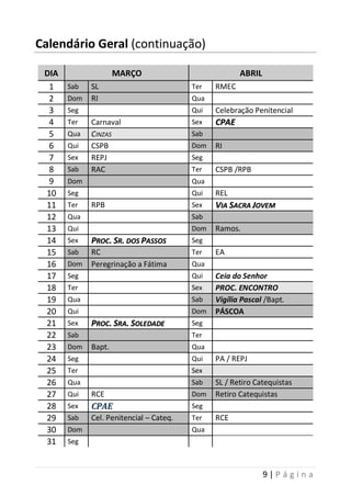 9 | P á g i n a
Calendário Geral (continuação)
DIA MARÇO ABRIL
1 Sab SL Ter RMEC
2 Dom RI Qua
3 Seg Qui Celebração Penitencial
4 Ter Carnaval Sex CCPPAAEE
5 Qua CINZAS Sab
6 Qui CSPB Dom RI
7 Sex REPJ Seg
8 Sab RAC Ter CSPB /RPB
9 Dom Qua
10 Seg Qui REL
11 Ter RPB Sex VVIIAA SSAACCRRAA JJOOVVEEMM
12 Qua Sab
13 Qui Dom Ramos.
14 Sex PPRROOCC.. SSRR.. DDOOSS PPAASSSSOOSS Seg
15 Sab RC Ter EA
16 Dom Peregrinação a Fátima Qua
17 Seg Qui Ceia do Senhor
18 Ter Sex PROC. ENCONTRO
19 Qua Sab Vigília Pascal /Bapt.
20 Qui Dom PÁSCOA
21 Sex PPRROOCC.. SSRRAA.. SSOOLLEEDDAADDEE Seg
22 Sab Ter
23 Dom Bapt. Qua
24 Seg Qui PA / REPJ
25 Ter Sex
26 Qua Sab SL / Retiro Catequistas
27 Qui RCE Dom Retiro Catequistas
28 Sex CCPPAAEE Seg
29 Sab Cel. Penitencial – Cateq. Ter RCE
30 Dom Qua
31 Seg
 