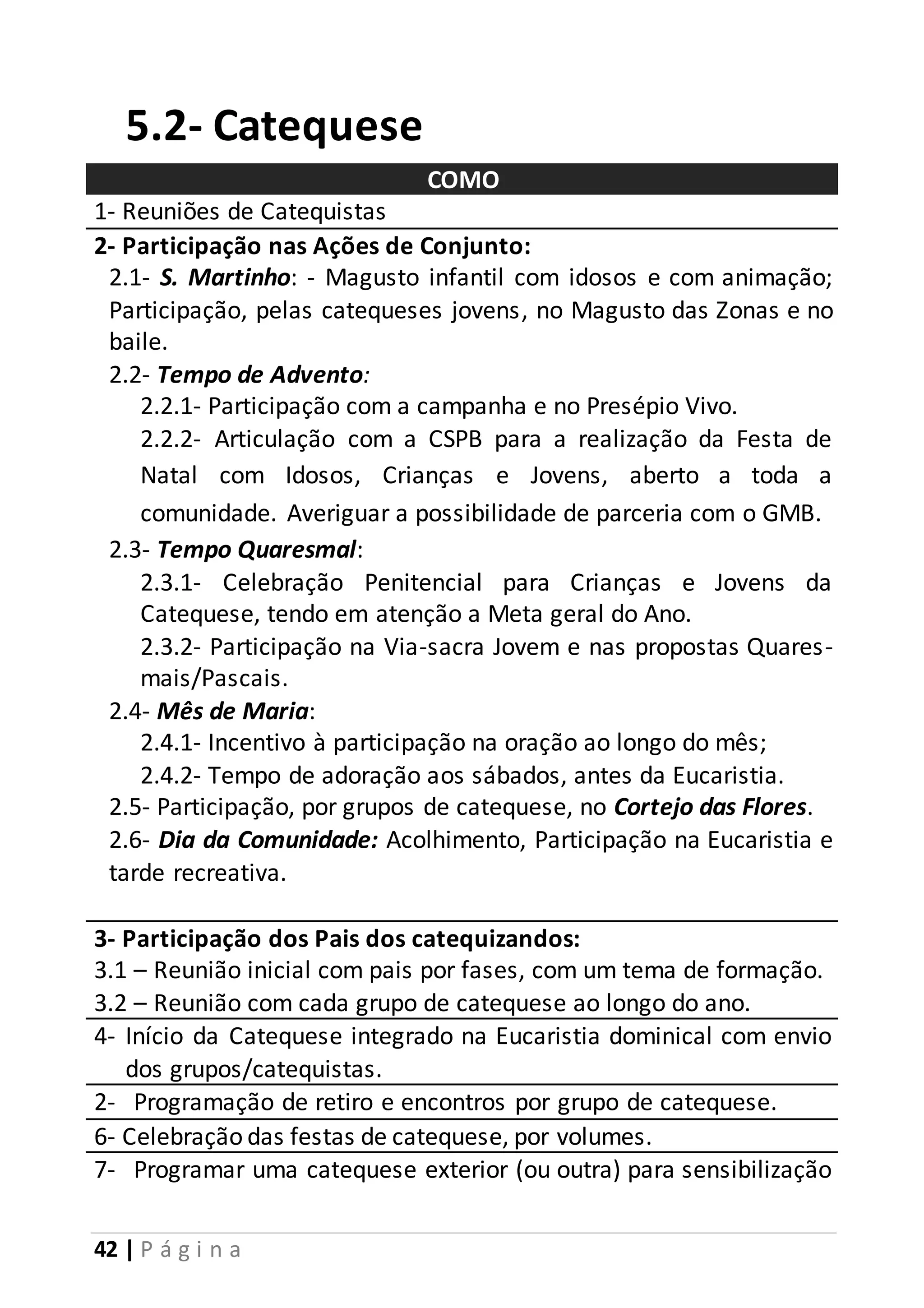 5.2- Catequese 
42 | P á g i n a 
COMO 
1- Reuniões de Catequistas 
2- Participação nas Ações de Conjunto: 
2.1- S. Martinho: - Magusto infantil com idosos e com animação; 
Participação, pelas catequeses jovens, no Magusto das Zonas e no 
baile. 
2.2- Tempo de Advento: 
2.2.1- Participação com a campanha e no Presépio Vivo. 
2.2.2- Articulação com a CSPB para a realização da Festa de 
Natal com Idosos, Crianças e Jovens, aberto a toda a 
comunidade. Averiguar a possibilidade de parceria com o GMB. 
2.3- Tempo Quaresmal: 
2.3.1- Celebração Penitencial para Crianças e Jovens da 
Catequese, tendo em atenção a Meta geral do Ano. 
2.3.2- Participação na Via-sacra Jovem e nas propostas Quares-mais/ 
Pascais. 
2.4- Mês de Maria: 
2.4.1- Incentivo à participação na oração ao longo do mês; 
2.4.2- Tempo de adoração aos sábados, antes da Eucaristia. 
2.5- Participação, por grupos de catequese, no Cortejo das Flores. 
2.6- Dia da Comunidade: Acolhimento, Participação na Eucaristia e 
tarde recreativa. 
3- Participação dos Pais dos catequizandos: 
3.1 – Reunião inicial com pais por fases, com um tema de formação. 
3.2 – Reunião com cada grupo de catequese ao longo do ano. 
4- Início da Catequese integrado na Eucaristia dominical com envio 
dos grupos/catequistas. 
2- Programação de retiro e encontros por grupo de catequese. 
6- Celebração das festas de catequese, por volumes. 
7- Programar uma catequese exterior (ou outra) para sensibilização 
 
