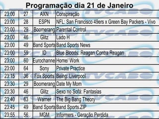 Programação dia 21 de Janeiro
23:00   27      AXN Conspiração
23:00   28      ESPN NFL: San Francisco 49ers x Green Bay Packers - Vivo
23:00   29   Boomerang Parental Control
23:00   46       Glitz Lado H
23:00   49   Band Sports Band Sports News
23:00   59        ID     Blue Bloods: Reagan Contra Reagan
23:00   60   EurochannelHome/ Work
23:00   64      Sony Private Practice
23:15   36    Fox Sports Being: Liverpool
23:30   29   Boomerang Date My Mom
23:30   46       Glitz Sexo no Sofá: Fantasias
23:40   63     Warner The Big Bang Theory
23:45   49   Band Sports Band Sports.ZIP
23:55   56      MGM Informers - Geração Perdida
 