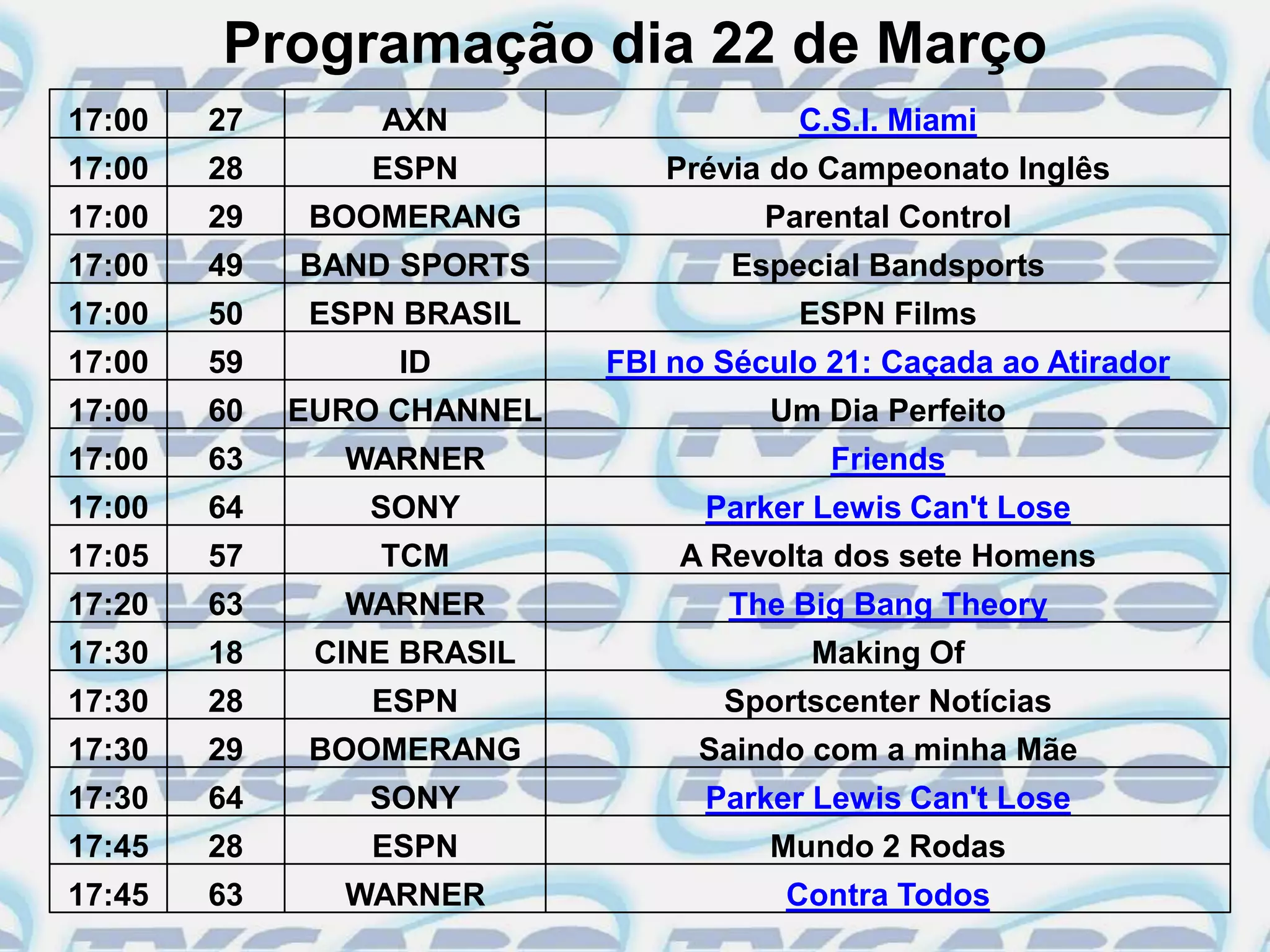 Programação dia 22 de Março
17:00   27       AXN                    C.S.I. Miami
17:00   28       ESPN          Prévia do Campeonato Inglês
17:00   29   BOOMERANG                Parental Control
17:00   49   BAND SPORTS           Especial Bandsports
17:00   50   ESPN BRASIL                ESPN Films
17:00   59        ID        FBI no Século 21: Caçada ao Atirador
17:00   60   EURO CHANNEL             Um Dia Perfeito
17:00   63     WARNER                     Friends
17:00   64       SONY             Parker Lewis Can't Lose
17:05   57       TCM            A Revolta dos sete Homens
17:20   63     WARNER              The Big Bang Theory
17:30   18    CINE BRASIL                Making Of
17:30   28       ESPN              Sportscenter Notícias
17:30   29   BOOMERANG           Saindo com a minha Mãe
17:30   64       SONY             Parker Lewis Can't Lose
17:45   28       ESPN                 Mundo 2 Rodas
17:45   63     WARNER                  Contra Todos
 