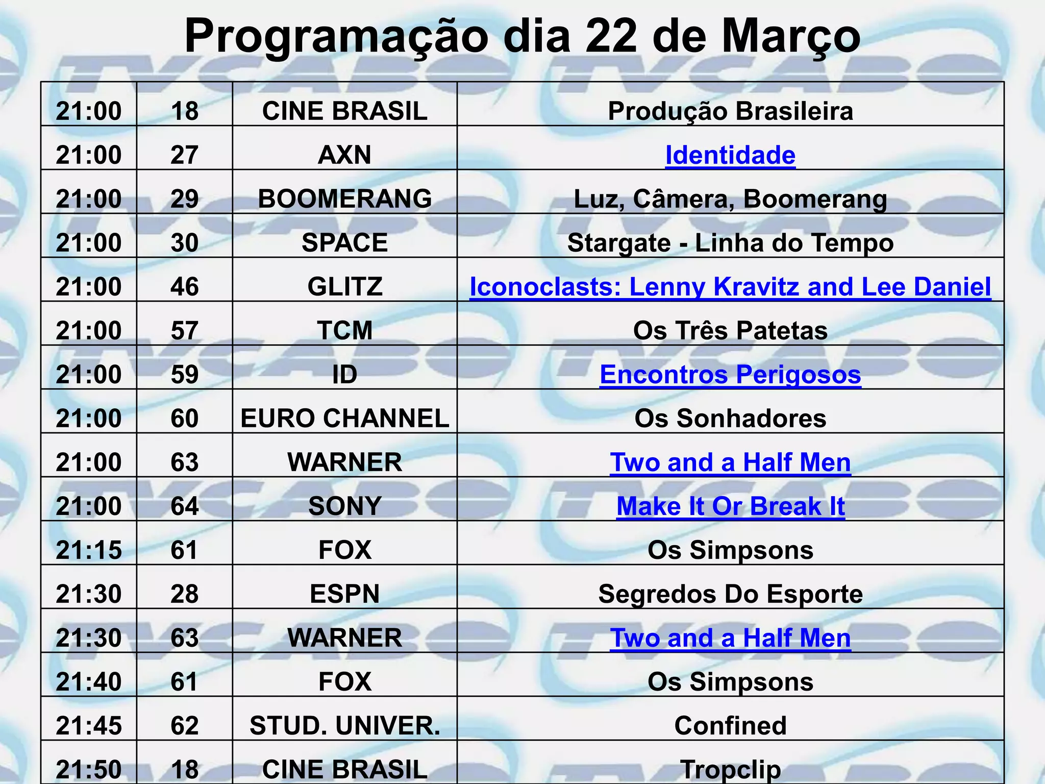 Programação dia 22 de Março
21:00   18    CINE BRASIL              Produção Brasileira
21:00   27       AXN                        Identidade
21:00   29   BOOMERANG               Luz, Câmera, Boomerang
21:00   30      SPACE               Stargate - Linha do Tempo
21:00   46      GLITZ        Iconoclasts: Lenny Kravitz and Lee Daniel
21:00   57       TCM                     Os Três Patetas
21:00   59        ID                   Encontros Perigosos
21:00   60   EURO CHANNEL                Os Sonhadores
21:00   63     WARNER                   Two and a Half Men
21:00   64       SONY                   Make It Or Break It
21:15   61       FOX                      Os Simpsons
21:30   28       ESPN                  Segredos Do Esporte
21:30   63     WARNER                   Two and a Half Men
21:40   61       FOX                      Os Simpsons
21:45   62   STUD. UNIVER.                   Confined
21:50   18    CINE BRASIL                    Tropclip
 