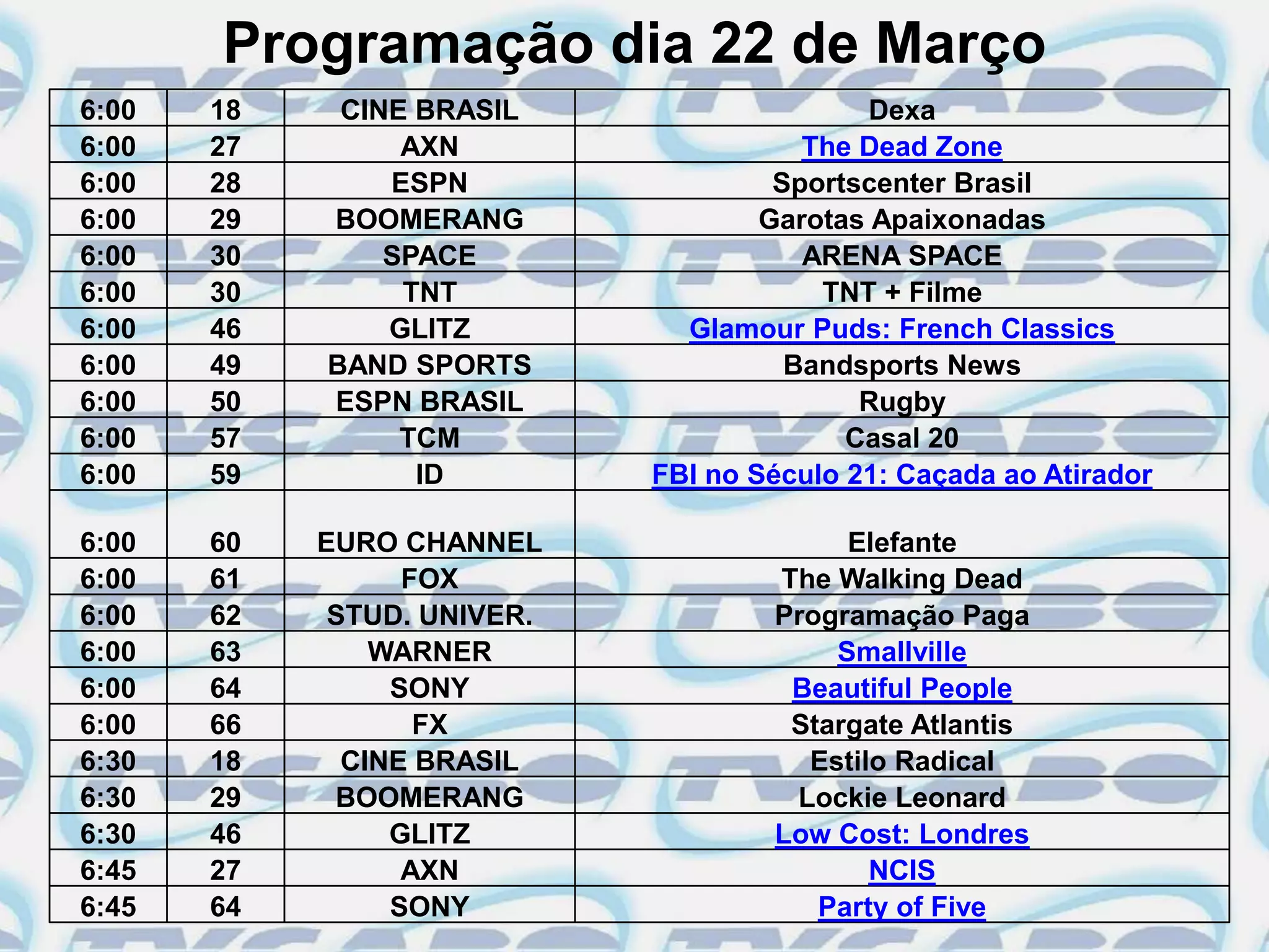 Programação dia 22 de Março
6:00   18    CINE BRASIL                     Dexa
6:00   27        AXN                    The Dead Zone
6:00   28       ESPN                  Sportscenter Brasil
6:00   29   BOOMERANG                Garotas Apaixonadas
6:00   30       SPACE                   ARENA SPACE
6:00   30        TNT                     TNT + Filme
6:00   46       GLITZ          Glamour Puds: French Classics
6:00   49   BAND SPORTS                Bandsports News
6:00   50   ESPN BRASIL                     Rugby
6:00   57        TCM                       Casal 20
6:00   59         ID         FBI no Século 21: Caçada ao Atirador

6:00   60   EURO CHANNEL                  Elefante
6:00   61         FOX                The Walking Dead
6:00   62    STUD. UNIVER.           Programação Paga
6:00   63       WARNER                   Smallville
6:00   64        SONY                 Beautiful People
6:00   66          FX                 Stargate Atlantis
6:30   18     CINE BRASIL              Estilo Radical
6:30   29    BOOMERANG                Lockie Leonard
6:30   46        GLITZ               Low Cost: Londres
6:45   27         AXN                       NCIS
6:45   64        SONY                   Party of Five
 