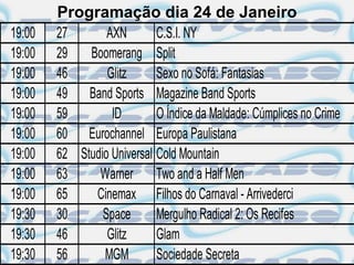 Programação dia 24 de Janeiro
19:00   27       AXN        C.S.I. NY
19:00   29   Boomerang Split
19:00   46       Glitz      Sexo no Sofá: Fantasias
19:00   49 Band Sports Magazine Band Sports
19:00   59        ID        O Índice da Maldade: Cúmplices no Crime
19:00   60 Eurochannel Europa Paulistana
19:00   62 Studio Universal Cold Mountain
19:00   63     Warner Two and a Half Men
19:00   65    Cinemax Filhos do Carnaval - Arrivederci
19:30   30      Space       Mergulho Radical 2: Os Recifes
19:30   46       Glitz      Glam
19:30   56      MGM         Sociedade Secreta
 
