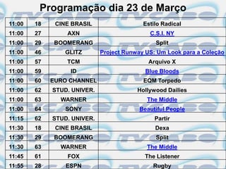 Programação dia 23 de Março
11:00   18    CINE BRASIL                  Estilo Radical
11:00   27       AXN                         C.S.I. NY
11:00   29   BOOMERANG                         Split
11:00   46       GLITZ       Project Runway US: Um Look para a Coleção
11:00   57       TCM                         Arquivo X
11:00   59        ID                        Blue Bloods
11:00   60   EURO CHANNEL                  EQM Torpedo
11:00   62   STUD. UNIVER.               Hollywood Dailies
11:00   63     WARNER                       The Middle
11:00   64       SONY                     Beautiful People
11:15   62   STUD. UNIVER.                     Partir
11:30   18    CINE BRASIL                      Dexa
11:30   29   BOOMERANG                         Split
11:30   63     WARNER                       The Middle
11:45   61       FOX                       The Listener
11:55   28       ESPN                         Rugby
 