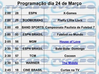 Programação dia 24 de Março

2:00   28       ESPN                 X-Games

2:00   29   BOOMERANG            Pretty Little Liars

2:00   49   BAND SPORTS Campeonato Paulista de Futebol 7

2:00   50   ESPN BRASIL          Futebol no Mundo

2:05   56       MGM               House of Love

2:30   50   ESPN BRASIL         Bate-Bola: Domingo

2:30   57       TCM                   Cocoon

2:30   63     WARNER                The Middle

2:45   18   CINE BRASIL            Curtas na TV
 