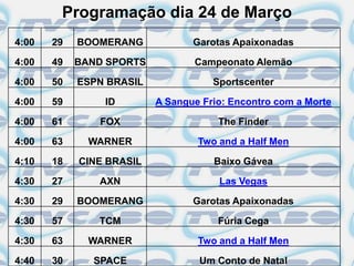 Programação dia 24 de Março
4:00   29   BOOMERANG            Garotas Apaixonadas

4:00   49   BAND SPORTS          Campeonato Alemão

4:00   50   ESPN BRASIL              Sportscenter

4:00   59       ID        A Sangue Frio: Encontro com a Morte

4:00   61      FOX                    The Finder

4:00   63     WARNER              Two and a Half Men

4:10   18   CINE BRASIL              Baixo Gávea

4:30   27      AXN                    Las Vegas

4:30   29   BOOMERANG            Garotas Apaixonadas

4:30   57      TCM                    Fúria Cega

4:30   63     WARNER              Two and a Half Men

4:40   30     SPACE               Um Conto de Natal
 