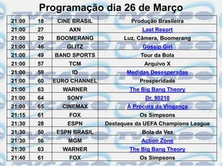 Programação dia 26 de Março
21:00   18    CINE BRASIL           Produção Brasileira
21:00   27       AXN                    Last Resort
21:00   29   BOOMERANG            Luz, Câmera, Boomerang
21:00   46       GLITZ                  Gossip Girl
21:00   49   BAND SPORTS               Tour da Bola
21:00   57       TCM                    Arquivo X
21:00   59        ID               Medidas Desesperadas
21:00   60   EURO CHANNEL              Prosperidade
21:00   63     WARNER              The Big Bang Theory
21:00   64       SONY                    Dr. 90210
21:00   65     CINEMAX             À Procura da Vingança
21:15   61       FOX                   Os Simpsons
21:30   28       ESPN       Destaques da UEFA Champions League
21:30   50   ESPN BRASIL                Bola da Vez
21:30   56       MGM                   Action Zone
21:30   63     WARNER              The Big Bang Theory
21:40   61       FOX                   Os Simpsons
 