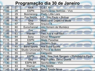 Programação dia 30 de Janeiro
11:00   27         AXN          C.S.I. NY
11:00   28        ESPN          Sportscenter Notícias - Vivo
11:00   29     Boomerang        Pretty Little Liars
11:00   36      Fox Sports      VT - São Paulo x Bolívar
11:00   46         Glitz        Musicland: Depeche Mode
11:00   57         TCM          Arquivo X
11:00   60     Eurochannel      Um Homem de Munkácz
11:00   61         Fox          Glee
11:00   63       Warner         Two And a Half Men
11:00   64         Sony         Ghost Whisperer
11:15   28        ESPN          Skate Paradise
11:15   30        Space         Dinheiro Sujo
11:15   49     Band Sports      Ace Band Sports
11:15   62   Studio Universal   À Prova de Balas
11:15   65       Cinemax        Campeão
11:30   28        ESPN          NHL: New York Rangers x Philadelphia Flyers
11:30   46         Glitz        Pop Profiles: David Guetta
11:30   50      ESPN BR         Sportscenter - Vivo
11:30   63       Warner         The Middle
11:45   49     Band Sports      Band Sports News
 