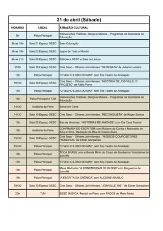21 de abril (Sábado)
HORÁRIO            LOCAL             ATRAÇÃO CULTURAL

                                     Intervenções Poéticas, Dança e Música – Programas da Secretaria de
   9h          Palco Principal
                                     Educação

9h às 18h   Sala 01 Espaço SESC      Sesc Educação

9h às 18h   Sala 03 Espaço SESC      Jogos de Todo o Mundo

9h às 21h   Sala 08 Espaço SESC      Biblioteca SESC e Sala de Leitura

  9h30      Sala 10 Espaço SESC      Cine Sesc – Olhares Joinvilenses: “SERENATA” de Juliano Lueders

  10h          Palco Principal       “O VELHO LOBO DO MAR” com Trip Teatro de Animação

                                     Cine Sesc – Olhares Joinvilenses: “HISTÓRIA DE JOINVILLE, O
 10h30      Sala 10 Espaço SESC
                                     PROJETO” de Fábio Porto

  11h          Palco Principal       “O VELHO LOBO DO MAR” com Trip Teatro de Animação

                                     Intervenções Poéticas, Dança e Música – Programas da Secretaria de
  14h       Palco Principal e TJM
                                     Educação

 14h30        Auditório da Feira     Senai em Cena

 14h30      Sala 10 Espaço SESC      Cine Sesc – Olhares Joinvilenses: “RECONQUISTA” de Roger Santos

  15h       Sala 05 Espaço SESC      Baú de Histórias: “HISTÓRIAS DE AMIZADE” com Cia Casa Teatral

                                     CONFRARIA DO ESCRITOR: com Rubens da Cunha e Marinaldo de
  15h         Auditório da Feira
                                     Silva e Silva. Mediação de Rita de Cássia Alves
                                     Cine Sesc – Olhares Joinvilenses : “NOSSOS COMPOSITORES
 15h30      Sala 10 Espaço SESC
                                     PIONEIROS” de Ebner Gonçalves

 15h30         Palco Principal       “O VELHO LOBO DO MAR” com Trip Teatro de Animação

                                     TOCA BRASIL com a Banda Mirim do Corpo de Bombeiros Voluntários de
  16h          Palco Principal
                                     Joinville

  17h          Palco Principal       “O VELHO LOBO DO MAR” com Trip Teatro de Animação

                                     Mesa Redonda: “A CONSTRUÇÃO DE BLOGS” com Blogueiros de
  18h          Palco Principal
                                     Joinville

  19h          Palco Principal       “A ESCRITA DA CRÔNICA” com ALCIONE ARAÚJO

 19h30      Sala 10 Espaço SESC      Cine Sesc – Olhares Joinvilenses: “JOINVILLE 1951” de Ebner Gonçalves

  20h               TJM              SESC MUSICA: Recital de Piano com FADOS de Mario Moita
 