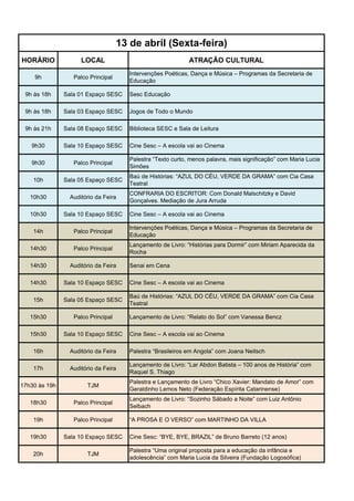 13 de abril (Sexta-feira)
HORÁRIO              LOCAL                                   ATRAÇÃO CULTURAL
                                       Intervenções Poéticas, Dança e Música – Programas da Secretaria de
    9h            Palco Principal
                                       Educação

 9h às 18h     Sala 01 Espaço SESC     Sesc Educação

 9h às 18h     Sala 03 Espaço SESC     Jogos de Todo o Mundo

 9h às 21h     Sala 08 Espaço SESC     Biblioteca SESC e Sala de Leitura

   9h30        Sala 10 Espaço SESC     Cine Sesc – A escola vai ao Cinema

                                       Palestra “Texto curto, menos palavra, mais significação” com Maria Lucia
   9h30           Palco Principal
                                       Simões
                                       Baú de Histórias: “AZUL DO CÉU, VERDE DA GRAMA” com Cia Casa
    10h        Sala 05 Espaço SESC
                                       Teatral
                                       CONFRARIA DO ESCRITOR: Com Donald Malschitzky e David
   10h30         Auditório da Feira
                                       Gonçalves. Mediação de Jura Arruda

   10h30       Sala 10 Espaço SESC     Cine Sesc – A escola vai ao Cinema

                                       Intervenções Poéticas, Dança e Música – Programas da Secretaria de
    14h           Palco Principal
                                       Educação
                                       Lançamento de Livro: “Histórias para Dormir” com Miriam Aparecida da
   14h30          Palco Principal
                                       Rocha

   14h30         Auditório da Feira    Senai em Cena

   14h30       Sala 10 Espaço SESC     Cine Sesc – A escola vai ao Cinema

                                       Baú de Histórias: “AZUL DO CÉU, VERDE DA GRAMA” com Cia Casa
    15h        Sala 05 Espaço SESC
                                       Teatral

   15h30          Palco Principal      Lançamento de Livro: “Relato do Sol” com Vanessa Bencz

   15h30       Sala 10 Espaço SESC     Cine Sesc – A escola vai ao Cinema

    16h          Auditório da Feira    Palestra “Brasileiros em Angola” com Joana Neitsch

                                       Lançamento de Livro: “Lar Abdon Batista – 100 anos de História” com
    17h          Auditório da Feira
                                       Raquel S. Thiago
                                       Palestra e Lançamento de Livro “Chico Xavier: Mandato de Amor” com
17h30 às 19h           TJM
                                       Geraldinho Lemos Neto (Federação Espírita Catarinense)
                                       Lançamento de Livro: “Sozinho Sábado a Noite” com Luiz Antônio
   18h30          Palco Principal
                                       Selbach

    19h           Palco Principal      “A PROSA E O VERSO” com MARTINHO DA VILLA

   19h30       Sala 10 Espaço SESC     Cine Sesc: “BYE, BYE, BRAZIL” de Bruno Barreto (12 anos)

                                       Palestra “Uma original proposta para a educação da infância e
    20h                TJM
                                       adolescência” com Maria Lucia da Silveira (Fundação Logosófica)
 