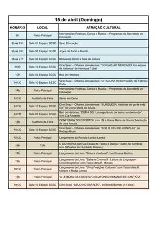 15 de abril (Domingo)
HORÁRIO           LOCAL                                   ATRAÇÃO CULTURAL
                                    Intervenções Poéticas, Dança e Música – Programas da Secretaria de
   9h          Palco Principal
                                    Educação

9h às 18h   Sala 01 Espaço SESC     Sesc Educação

9h às 18h   Sala 03 Espaço SESC     Jogos de Todo o Mundo

9h às 21h   Sala 08 Espaço SESC     Biblioteca SESC e Sala de Leitura

                                    Cine Sesc – Olhares Joinvilenses: “DO CAIS AO MERCADO: Um século
  9h30      Sala 10 Espaço SESC
                                    de histórias” de Henrique Tobal

  10h       Sala 05 Espaço SESC     Baú de Histórias

                                    Cine Sesc – Olhares Joinvilenses: “DITADURA RESERVADA” de Fabrício
 10h30      Sala 10 Espaço SESC
                                    Porto
                                    Intervenções Poéticas, Dança e Música – Programas da Secretaria de
  14h          Palco Principal
                                    Educação

 14h30        Auditório da Feira    Senai em Cena

                                    Cine Sesc – Olhares Joinvilenses: “BURGUESA, histórias de gente e de
 14h30      Sala 10 Espaço SESC
                                    lixo” de Giane Maria de Souza
                                    Baú de Histórias: “ESPIA SÓ: Um espetáculo de teatro lambe-lambe”,
 14h30      Sala 05 Espaço SESC
                                    com Cia Andante
                                    CONFRARIA DO ESCRITOR com JB e Giane Maria de Souza. Mediação
  15h         Auditório da Feira
                                    de Jura Arruda
                                    Cine Sesc – Olhares Joinvilenses: “SOB O CÉU DE JOINVILLE” de
 15h30      Sala 10 Espaço SESC
                                    Rodrigo Brum

 15h30         Palco Principal      Lançamento da Revista Lambe-Lambe

                                    O CARTEIRO com Cia Essaé de Teatro e Dança (Teatro de Sombras
  16h               TJM
                                    com Silhuetas de Humberto Soares)

  17h          Palco Principal      Lançamento de Livro: “Brisa e Vendaval” com Ernane Martins

                                    Lançamento de Livro: "Salve o Cinema II - Leitura da Linguagem
  18h          Palco Principal
                                    Cinematográfica" com Taiza Mara R. Moraes
                                    Lançamento de Livro: "(Pro) Posições Culturais" com Taiza Mara R.
 18h30         Palco Principal
                                    Moraes e Nadja Lamas

  19h          Palco Principal      “A LEITURA DA ESCRITA” com AFONSO ROMANO DE SANTANA

 19h30      Sala 10 Espaço SESC     Cine Sesc: “BEIJO NO ASFALTO”, de Bruno Barreto (14 anos)
 