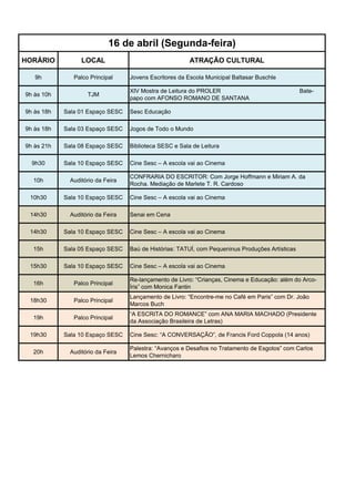 16 de abril (Segunda-feira)
HORÁRIO           LOCAL                                  ATRAÇÃO CULTURAL

   9h          Palco Principal     Jovens Escritores da Escola Municipal Baltasar Buschle

                                   XIV Mostra de Leitura do PROLER                                Bate-
9h às 10h           TJM
                                   papo com AFONSO ROMANO DE SANTANA

9h às 18h   Sala 01 Espaço SESC    Sesc Educação

9h às 18h   Sala 03 Espaço SESC    Jogos de Todo o Mundo

9h às 21h   Sala 08 Espaço SESC    Biblioteca SESC e Sala de Leitura

  9h30      Sala 10 Espaço SESC    Cine Sesc – A escola vai ao Cinema

                                   CONFRARIA DO ESCRITOR: Com Jorge Hoffmann e Miriam A. da
  10h         Auditório da Feira
                                   Rocha. Mediação de Marlete T. R. Cardoso

 10h30      Sala 10 Espaço SESC    Cine Sesc – A escola vai ao Cinema

 14h30        Auditório da Feira   Senai em Cena

 14h30      Sala 10 Espaço SESC    Cine Sesc – A escola vai ao Cinema

  15h       Sala 05 Espaço SESC    Baú de Histórias: TATUÍ, com Pequeninus Produções Artísticas

 15h30      Sala 10 Espaço SESC    Cine Sesc – A escola vai ao Cinema

                                   Re-lançamento de Livro: “Crianças, Cinema e Educação: além do Arco-
  16h          Palco Principal
                                   Íris” com Monica Fantin
                                   Lançamento de Livro: “Encontre-me no Café em Paris” com Dr. João
 18h30         Palco Principal
                                   Marcos Buch
                                   “A ESCRITA DO ROMANCE” com ANA MARIA MACHADO (Presidente
  19h          Palco Principal
                                   da Associação Brasileira de Letras)

 19h30      Sala 10 Espaço SESC    Cine Sesc: “A CONVERSAÇÃO”, de Francis Ford Coppola (14 anos)

                                   Palestra: “Avanços e Desafios no Tratamento de Esgotos” com Carlos
  20h         Auditório da Feira
                                   Lemos Chernicharo
 