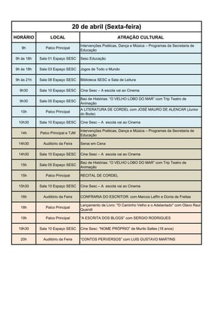 20 de abril (Sexta-feira)
HORÁRIO           LOCAL                                   ATRAÇÃO CULTURAL
                                    Intervenções Poéticas, Dança e Música – Programas da Secretaria de
   9h          Palco Principal
                                    Educação

9h às 18h   Sala 01 Espaço SESC     Sesc Educação

9h às 18h   Sala 03 Espaço SESC     Jogos de Todo o Mundo

9h às 21h   Sala 08 Espaço SESC     Biblioteca SESC e Sala de Leitura

  9h30      Sala 10 Espaço SESC     Cine Sesc – A escola vai ao Cinema

                                    Baú de Histórias: “O VELHO LOBO DO MAR” com Trip Teatro de
  9h30      Sala 05 Espaço SESC
                                    Animação
                                    A LITERATURA DE CORDEL com JOSÉ MAURO DE ALENCAR (Junior
  10h          Palco Principal
                                    do Bode)

 10h30      Sala 10 Espaço SESC     Cine Sesc – A escola vai ao Cinema

                                    Intervenções Poéticas, Dança e Música – Programas da Secretaria de
  14h       Palco Principal e TJM
                                    Educação

 14h30        Auditório da Feira    Senai em Cena

 14h30      Sala 10 Espaço SESC     Cine Sesc – A escola vai ao Cinema

                                    Baú de Histórias: “O VELHO LOBO DO MAR” com Trip Teatro de
  15h       Sala 05 Espaço SESC
                                    Animação

  15h          Palco Principal      RECITAL DE CORDEL

 15h30      Sala 10 Espaço SESC     Cine Sesc – A escola vai ao Cinema

  16h         Auditório da Feira    CONFRARIA DO ESCRITOR: com Marcos Laffin e Dúnia de Freitas

                                    Lançamento de Livro: "O Caminho Velho e o Adelantado" com Olavo Raul
  18h          Palco Principal
                                    Quandt

  19h          Palco Principal      “A ESCRITA DOS BLOGS” com SERGIO RODRIGUES

 19h30      Sala 10 Espaço SESC     Cine Sesc: “NOME PRÓPRIO” de Murilo Salles (18 anos)

  20h         Auditório da Feira    “CONTOS PERVERSOS” com LUIS GUSTAVO MARTINS
 