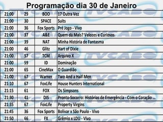 Programação dia 30 de Janeiro
21:00   29      BOO       17 Outra Vez
21:00   30     SPACE      Suits
21:00   36   Fox Sports   Pré Jogo - Vivo
21:00   37      A&E       Quem dá Mais? Velozes e Curiosos
21:00   39      NAT       Minha História de Fantasma
21:00   46      Glitz     Hart of Dixie
21:00   57      TCM       Arquivo X
21:00   59       ID       Dominação
21:00   65    CineMax     O Guardião
21:00   67    Warner      Two And a Half Men
21:10   67     FoxLife    House Hunters International
21:15   61      FOX       Os Simpsons
21:30   41       DIS      Pronto-Socorro: Histórias de Emergência - Com o Coração …
21:35   67     FoxLife    Property Virgins
21:45   36   Fox Sports   Bolívar x São Paulo - Vivo
21:50   66       FX       Grêmio x LDU - Vivo
 