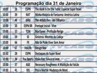 Programação dia 31 de Janeiro
10:00   28      ESPN      The Book Is On The Table: Especial Super Bowl
10:00   39      NAT       Minha História de Fantasma: América Latina
10:00   46      Glitz     The Artists Den - Ani Difranco
10:00   50    ESPN BR     Pontapé Inicial - Vivo
10:00   57      TCM       MacGyver - Profissão Perigo
10:00   59       ID       Sinistros: Mestres da Cobiça
10:00   66       FX       Não Se Pode Viver Sem Amor
10:00   67     FoxLife    Design Star
10:30   28      ESPN      Destaques do Super Bowl
10:30   36   Fox Sports   Visão Fox: Toluca e Leon
10:30   37      A&E       Necessary Roughness: A Maldição do Falcão
10:30   41       DIS      Pesca Mortal: Mudança de Maré
 