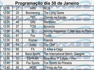 Programação dia 30 de Janeiro
12:00   27      AXN        NCIS
12:00   29   Boomerang     The Lying Game
12:00   31       TNT       Zoando na Escola
12:00   46       Glitz     Manifesto
12:00   57      TCM        Bonanza
12:00   59        ID       Instinto Assassino: O Maníaco do Parque
12:00   61       Fox       Touch
12:00   63     Warner      Friends
12:00   64      Sony       Top Chef
12:10   66        FX       O Amor é Cego
12:30   49   Band Sports   The International Match: Glasgow
12:30   50    ESPN BR      Bate-Bola 1ª Edição - Vivo
12:45   36    Fox Sports   Fox Sports de Primeira
12:45   56      MGM        O Início do Fim
 