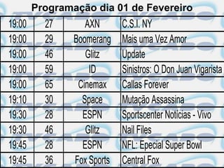 Programação dia 01 de Fevereiro
19:00     27       AXN       C.S.I. NY
19:00     29    Boomerang    Mais uma Vez Amor
19:00     46       Glitz     Update
19:00     59        ID       Sinistros: O Don Juan Vigarista
19:00     65     Cinemax     Callas Forever
19:10     30      Space      Mutação Assassina
19:30     28      ESPN       Sportscenter Notícias - Vivo
19:30     46       Glitz     Nail Files
19:45     28      ESPN       NFL: Epecial Super Bowl
19:45     36    Fox Sports   Central Fox
 