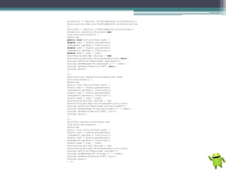 btsubtrair = (Button) findViewById(R.id.btsubtrair);
btmultiplicar=(Button)findViewById(R.id.btmultiplicar
);
btdividir = (Button) findViewById(R.id.btdividir);
btsubtrair.setOnClickListener(new
View.OnClickListener() {
@Override
public void onClick(View arg0) {
double num1 = Double.parseDouble
(ednumero1.getText().toString());
double num2 = Double.parseDouble
(ednumero2.getText().toString());
double soma = num1 - num2;
AlertDialog.Builder dialogo = new
AlertDialog.Builder(CalculadoraActivity.this);
dialogo.setTitle("Resultado subtração");
dialogo.setMessage("A subtração é " + soma);
dialogo.setNeutralButton("OK", null);
dialogo.show();
}
});
btmultiplicar.setOnClickListener(new View.
OnClickListener() {
@Override
public void onClick(View arg0) {
double num1 = Double.parseDouble
(ednumero1.getText().toString());
double num2 = Double.parseDouble
(ednumero2.getText().toString());
double soma = num1 * num2;
AlertDialog.Builder dialogo = new
AlertDialog.Builder(CalculadoraActivity.this);
dialogo.setTitle("Resultado multiplicação");
dialogo.setMessage("A multiplicação é " + soma);
dialogo.setNeutralButton("OK", null);
dialogo.show();
}
});
btdividir.setOnClickListener(new
View.OnClickListener() {
@Override
public void onClick(View arg0) {
double num1 = Double.parseDouble
(ednumero1.getText().toString());
double num2 = Double.parseDouble
(ednumero2.getText().toString());
double soma = num1 / num2;
AlertDialog.Builder dialogo = new
AlertDialog.Builder(CalculadoraActivity.this);
dialogo.setTitle("Resultado divisão");
dialogo.setMessage("A divisão é " + soma);
dialogo.setNeutralButton("OK", null);
dialogo.show();
} });
 