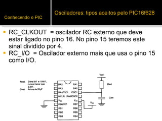 RC_CLKOUT  = oscilador RC externo que deve estar ligado no pino 16. No pino 15 teremos este sinal dividido por 4. RC_I/O  = Oscilador externo mais que usa o pino 15 como I/O. 