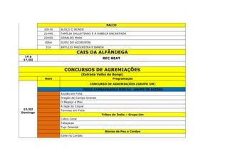 PALCO
20h30 BLOCO O BONDE
21H40 FAMÍLIA SALUSTIANO E A RABECA ENCANTADA
22H50 GERALDO MAIA
00h0 DUDU DO ACORDEON
01h ANTULIO MADUREIRA E BANDA
CAIS DA ALFÂNDEGA
14 a
17/02
REC BEAT
CONCURSOS DE AGREMIAÇÕES
(Estrada Velha do Bongi)
Hora Programação
15/02
Domingo
CONCURSO DE AGREMIAÇÕES (GRUPO UM)
TROÇA CARNAVALESCA MISTAS - GRUPO DE ACESSO
Azulão em Folia
Dragão de Campo Grande
O Bagaço é Meu
A Japa do Coque
Teimoso em Folia
Tribos de Índio – Grupo Um
Cobra Coral
Tabajaras
Tupi Oriental
Blocos de Pau e Cordas
Edite no Cordão
 