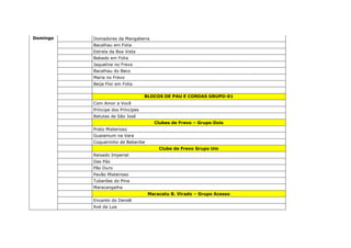 Domingo Domadores da Mangabeira
Bacalhau em Folia
Estrela da Boa Vista
Babado em Folia
Jaqueline no Frevo
Bacalhau do Beco
Maria no Frevo
Beija Flor em Folia
BLOCOS DE PAU E CORDAS GRUPO-01
Com Amor a Você
Príncipe dos Príncipes
Batutas de São José
Clubes de Frevo – Grupo Dois
Prato Misterioso
Guaiamum na Vara
Coqueirinho de Beberibe
Clube de Frevo Grupo Um
Reisado Imperial
Das Pás
Pão Duro
Pavão Misterioso
Tubarões do Pina
Maracangalha
Maracatu B. Virado – Grupo Acesso
Encanto do Dendê
Axé da Lua
 