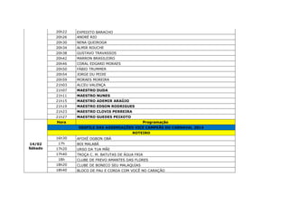 20h22 EXPEDITO BARACHO
20h26 ANDRÉ RIO
20h30 NENA QUEIROGA
20h34 ALMIR ROUCHE
20h38 GUSTAVO TRAVASSOS
20h42 MARRON BRASILEIRO
20h46 CORAL EDGARD MORAES
20h50 FÁBIO TRUMMER
20h54 JORGE DU PEIXE
20h59 MORAES MOREIRA
21h03 ALCEU VALENÇA
21h07 MAESTRO DUDA
21h11 MAESTRO NUNES
21h15 MAESTRO ADEMIR ARAÚJO
21h19 MAESTRO EDSON RODRIGUES
21h23 MAESTRO CLOVIS PERREIRA
21h27 MAESTRO GUEDES PEIXOTO
14/02
Sábado
Hora Programação
DESFILE DAS AGREMIAÇÕES VICE CAMPEÃS DO CARNAVAL 2014
ROTEIRO
16h30 AFOXÉ OGBON OBÁ
17h BOI MALABÁ
17h20 URSO DA TUA MÃE
17h40 TROÇA C. M. BATUTAS DE ÁGUA FRIA
18h CLUBE DE FREVO AMANTES DAS FLORES
18h20 CLUBE DE BONECO SEU MALAQUIAS
18h40 BLOCO DE PAU E CORDA COM VOCÊ NO CARAÇÃO
 