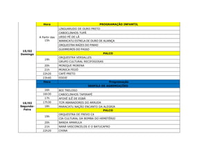 15/02
Domingo
Hora PROGRAMAÇÃO INFANTIL
A Partir das
15h
LINGUARUDO DE OURO PRETO
CABOCLINHOS TUPÃ
URSO PÉ DE LÃ
MARACATU ESTRELA DE OURO DE ALIANÇA
ORQUESTRA RAÍZES DO PINHO
GUERREIROS DO PASSO
PALCO
19h
ORQUESTRA VERSALLES
GRUPO CULTURAL RECIFOGOSAS
20h MONIQUE MORENA
21h MONICA FEIJÓ
22h20 CAFÉ PRETO
23h40 EDDIE
16/02
Segunda-
Feira
Hora Programação
DESFILE DE AGREMIAÇÕES
16h BOI TRELOSO
16h30 CABOCLINHOS TAPIRAPÉ
17h AFOXÉ ILÊ DE EGBÁ
17h30 TCM ABANADORES DO ARRUDA
18h MARACATU NAÇÃO ENCANTO DA ALEGRIA
PALCO
19h
ORQUESTRA DE FREVO C4
CIA CULTURAL DA BOMBA DO HEMETÉRIO
20h BANDA AMARULA
21h NANÁ VASCONCELOS E O BATUCAFRO
22h20 CHINA
 