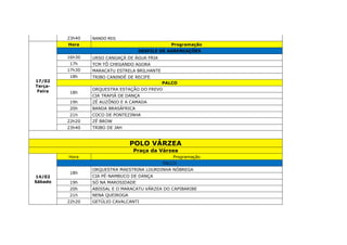 23h40 NANDO REIS
17/02
Terça-
Feira
Hora Programação
DESFILE DE AGREMIAÇÕES
16h30 URSO CANGAÇÁ DE ÁGUA FRIA
17h TCM TÔ CHEGANDO AGORA
17h30 MARACATU ESTRELA BRILHANTE
18h TRIBO CANINDÉ DE RECIFE
PALCO
18h
ORQUESTRA ESTAÇÃO DO FREVO
CIA TRAPIÁ DE DANÇA
19h ZÉ AUZÔNIO E A CAMADA
20h BANDA BRASÁFRICA
21h COCO DE PONTEZINHA
22h20 ZÉ BROW
23h40 TRIBO DE JAH
POLO VÁRZEA
Praça da Várzea
14/02
Sábado
Hora Programação
PALCO
18h
ORQUESTRA MAESTRINA LOURDINHA NÓBREGA
CIA PÉ-NAMBUCO DE DANÇA
19h SÓ NA MAROSIDADE
20h ABISSAL E O MARACATU VÁRZEA DO CAPIBARIBE
21h NENA QUEIROGA
22h20 GETÚLIO CAVALCANTI
 