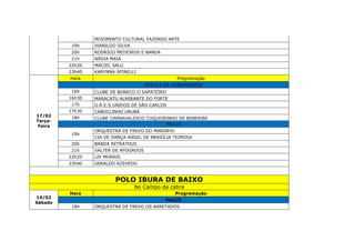 MOVIMENTO CULTURAL FAZENDO ARTE
19h IVANILDO SILVA
20h RODRIGO MEDEIROS E BANDA
21h NÁDIA MAIA
22h20 MACIEL SALU
23h40 KARYNNA SPINELLI
17/02
Terça-
Feira
Hora Programação
DESFILE DE AGREMIAÇÕES
16h CLUBE DE BONECO O SAPATEIRO
16h30 MARACATU ALMIRANTE DO FORTE
17h G.R.E.S UNIDOS DE SÃO CARLOS
17h30 CABOCLINHO URUBÁ
18h CLUBE CARNAVALESCO COQUEIRINHO DE BEBERIBE
PALCO
19h
ORQUESTRA DE FREVO DO MARINHO
CIA DE DANÇA ANGEL DE BRASÍLIA TEIMOSA
20h BANDA RETRATHUS
21h VALTER DE AFOGADOS
22h20 LIV MORAIS
23h40 GERALDO AZEVEDO
POLO IBURA DE BAIXO
No Campo da cabra
14/02
Sábado
Hora Programação
PALCO
18h ORQUESTRA DE FREVO OS ARRETADOS
 